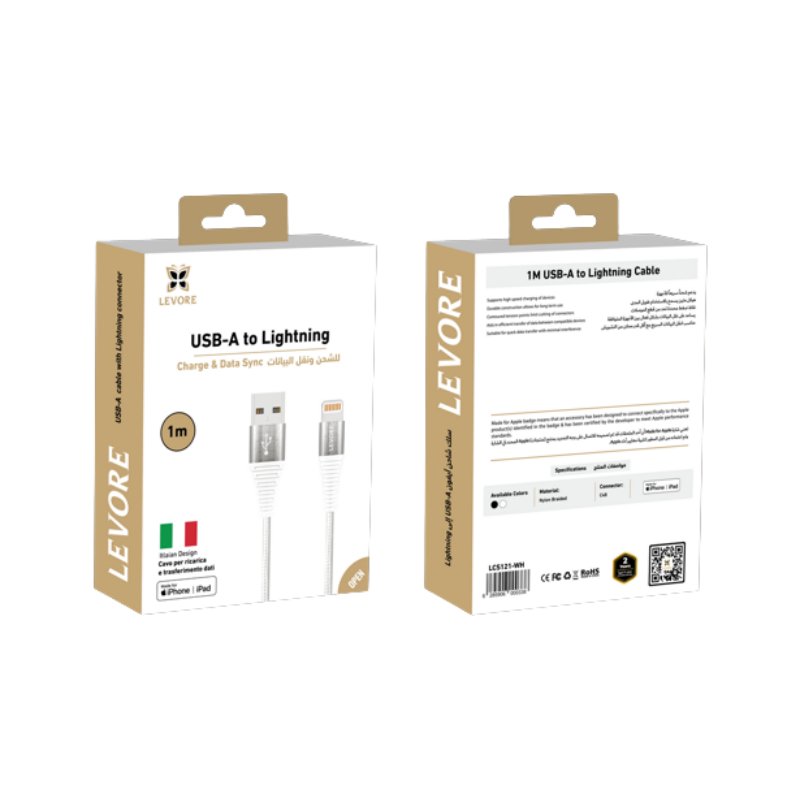 LEVORE WHITE 1000MM 12W LIGHTNING TO USB